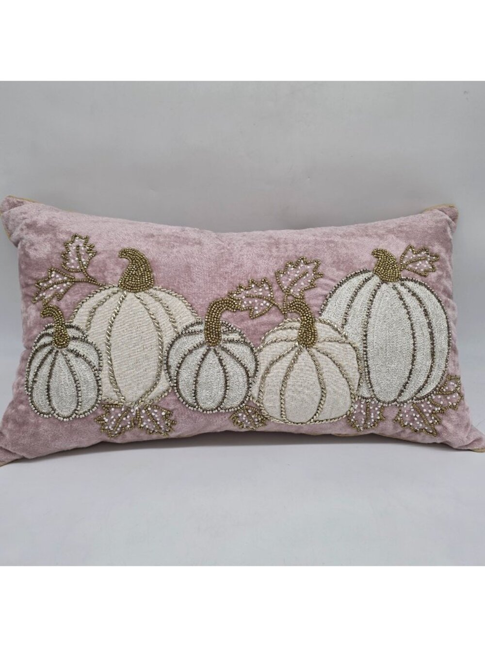Decorative Beaded Pumpkin Throw Pillow Pink Velvet Rectangular Accent Harvest Mo